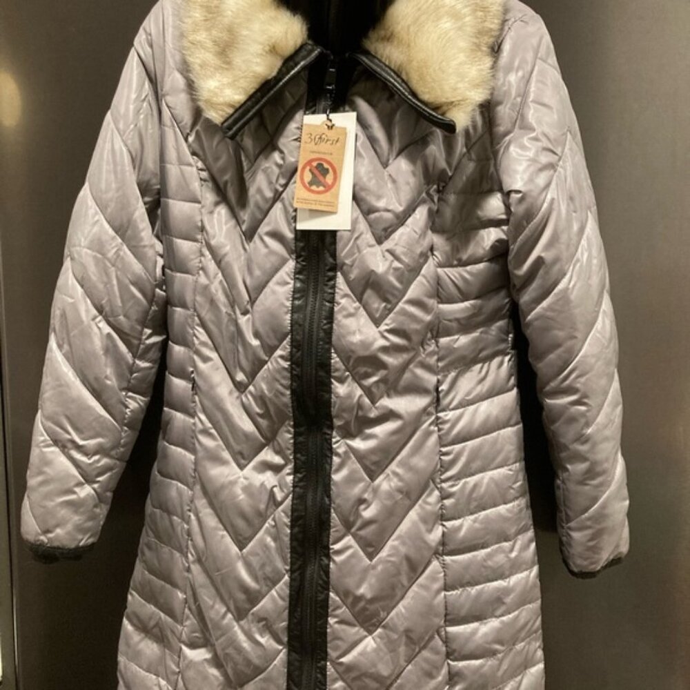 NWT Orig $154 Quilted Women's Olive Puffer Coat Faux Fur Collar Loose Fit S/M